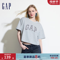 Gap女装2024夏季精梳棉牛仔logo短款短袖T恤宽松上衣496354 灰色 160/80A(S) 亚洲尺码