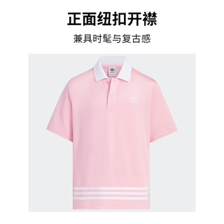 adidas复古风宽松运动翻领短袖POLO衫女大童儿童阿迪达斯三叶草 粉红 170CM