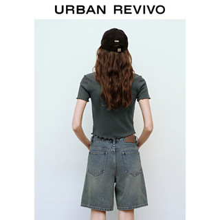 URBAN REVIVO 女装潮流双拉链修身花边短袖开襟衬衫 UWV240035 中灰 L