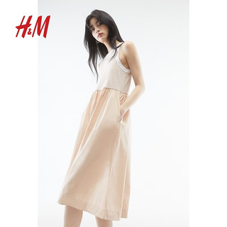 H&M女装连衣裙2024夏季修身无袖圆领喇叭裙摆连衣裙1234177 浅米色 160/88A