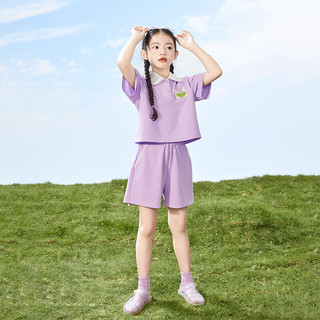 茵曼童装女童休闲套装花朵装饰2024夏季中大童翻领短袖短裤两件套 紫色 110cm