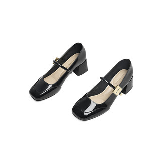红蜻蜓玛丽珍鞋2024夏季优雅法式小皮鞋粗跟女单鞋 WTB24677黑色38