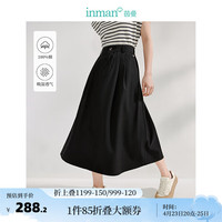 茵曼（INMAN）纯棉半身裙2024夏季女装复古收褶A字宽松遮肉显瘦裙子 午夜黑 L