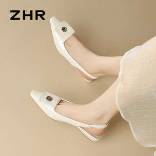 ZHR包头凉鞋女2024夏季尖头鞋配裙子浅口平跟单鞋一脚蹬女鞋子 米色 40
