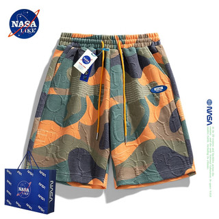 NASA LIKE男装潮牌短裤夏季男宽松休闲沙滩裤训练立体印花夏威夷五分裤 橘色 3XL（170-180斤）
