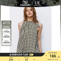 UR 2024夏季新款女装复古格子超宽松花边系带衬衫UWU240036