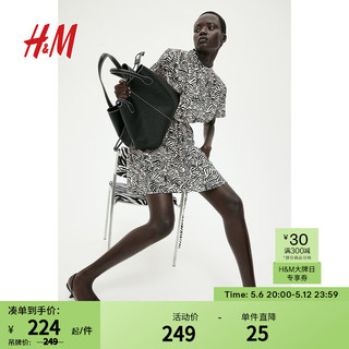 H&M女装连衣裙2024夏季休闲中式领短袖修身气质连身裙1221754 奶油色/黑色图案 155/80 XS