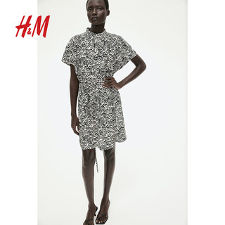 H&M女装连衣裙2024夏季休闲中式领短袖修身气质连身裙1221754 奶油色/黑色图案 155/80 XS
