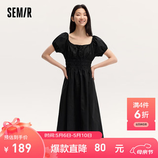 森马（Semir）连衣裙女温柔气质白月光2024夏季法式方领收腰中长裙清新 黑色90001 165/88A/L