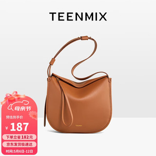 天美意（TEENMIX）女包牛皮马鞍包复古腋下包女士简约通勤斜跨包百搭大容量单肩包女520母亲节实用走心 棕色