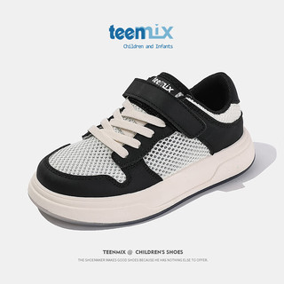 天美意（TEENMIX）天美意女童运动鞋2024夏季小孩镂空透气休闲鞋儿童简约板鞋潮 黑色 单层 27码