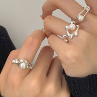 KOSE 高丝 甜酷叠戴珍珠戒指女时尚ins小众设计感开口指环线条双层食指戒