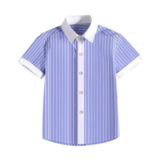 罗蒙男童条纹衬衫2024春夏款衬衣校服表演服 蓝白条短袖衬衫 150