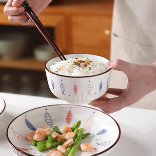 舍里 日式鱼悦陶瓷餐具家用创意米饭碗汤面碗个性菜盘子碗盘 5.25英寸半纹碗 单个入