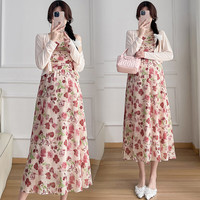 法柏登（FABAIDENG）孕碎花连衣裙装夏季法式气质雪纺吊带裙粉色温柔开衫两件 碎花吊带裙 M