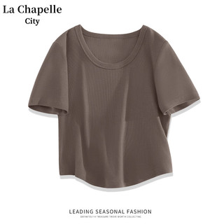 La Chapelle City拉夏贝尔圆领短袖T恤春夏季女装2024修身显瘦气质纯欲风上衣 黑-纯色 M