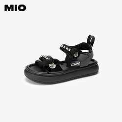 MIO 米奥（鞋） 米奥2024年夏季中跟休闲凉鞋闪钻魔术贴简约一字带厚底凉鞋女 黑色 37