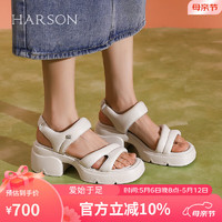 哈森【】2024春夏时尚休闲粗跟舒适沙滩女凉鞋HM242501 米色 38