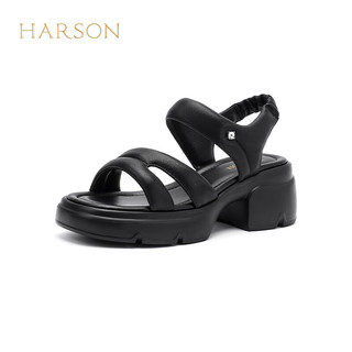 哈森【】2024春夏时尚休闲粗跟舒适沙滩女凉鞋HM242501 黑色 39