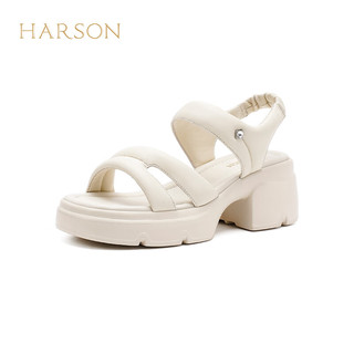 哈森【】2024春夏时尚休闲粗跟舒适沙滩女凉鞋HM242501 米色 36