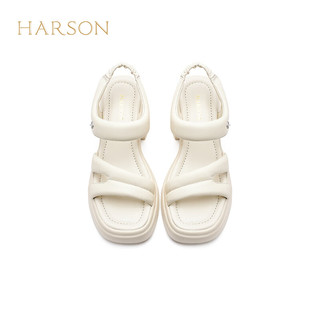 哈森【】2024春夏时尚休闲粗跟舒适沙滩女凉鞋HM242501 米色 36