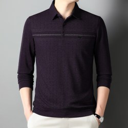 罗冠中年男士商务休闲长袖polo衫2024春秋季新款中老年爸爸装条纹上衣