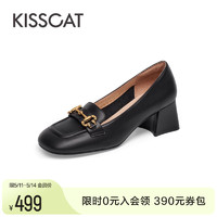 KISSCAT 接吻猫 2023年秋季新款复古小皮鞋复古粗跟单鞋方头真皮乐福鞋女