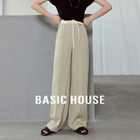 百家好（Basic House）莱赛尔撞色抽绳休闲裤女夏季薄款褶皱宽松长裤B0624H5Z952 米色 M