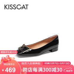 KISSCAT 接吻猫 女鞋2024春新款方头复古低跟船鞋通勤浅口单鞋女KA54118-11 黑色 38