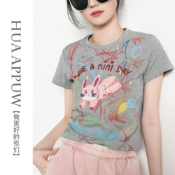 HUAAPPUW 画朴 韩版时尚涂鸦字母印花T恤女装2024夏季新款兔子短袖别致上衣