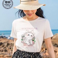 意慕100%纯棉2024年夏季新款白色圆领日系卡通猫咪印花短袖T恤女