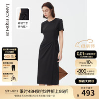朗姿 气质法式黑色针织抽褶连衣裙显瘦长裙女夏季新款高级感小黑裙 黑色 160/80A/M