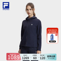 FILA 斐乐 官方女士针织连帽外套2024夏新款健身运动简约基础上衣 RD宝蓝-NV 165/84A/M