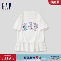 Gap女童2024夏季纯棉花卉logo荷叶边短袖T恤儿童装上衣465954 白色 120cm(XS)亚洲尺码