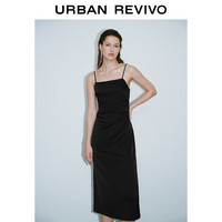 URBAN REVIVO 女士魅力光感缎面褶皱吊带连衣裙 UWG740117 正黑 L