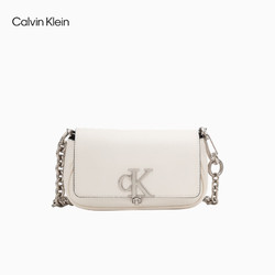 卡尔文·克莱恩 Calvin Klein 女包简约ck字母旋扣翻盖链条斜挎马鞍包DH3240 391-白色 OS