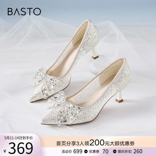BASTO 百思图 2024夏季新款闪钻蝴蝶结婚鞋细跟尖头高跟鞋女单鞋E2425BQ4