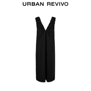 URBAN REVIVO 夏季女装慵懒风褶皱V领小黑裙无袖连衣裙 UWH740072 正黑 XS