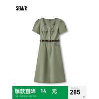 森马（Semir）连衣裙女方领开叉中长裙2024夏盐系工装裙复古 土灰绿40988 175/96A/XXL