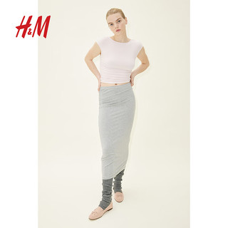 H&M女装2024夏季纯色修身一字领碎褶盖袖上衣1221247 浅粉色 155/80A
