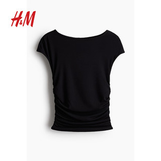 H&M女装2024夏季纯色修身一字领碎褶盖袖上衣1221247 浅粉色 155/80A