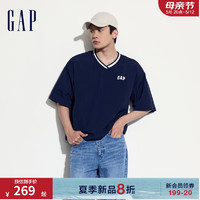 Gap 盖璞 男女装2024夏季撞色V领logo短袖卫衣宽松休闲上衣465601