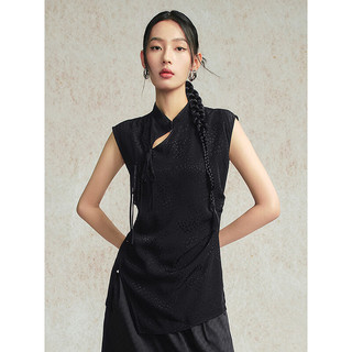 太平鸟国风新中式提花肌理感精致上衣24夏季短袖立领镂空上装 黑色 S