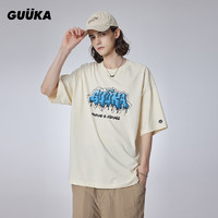 古由卡（GUUKA）潮牌艺术胶印纯棉短袖T恤男夏 美式休闲吸湿透气宽松上衣百搭 奶黄 XL