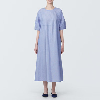 无印良品（MUJI）女式 凉感平纹套头短袖连衣裙女装裙子长裙纯棉BC2JBC4S 蓝色条纹 XS (150/76A)