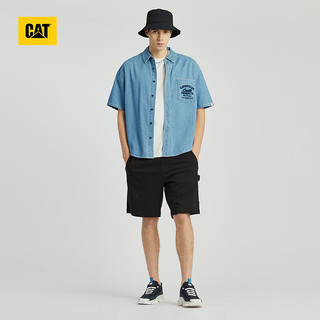 CAT卡特24春夏季男士休闲单胸袋设计靛蓝牛仔衬衫短袖衬衫外套 靛蓝色 XXL