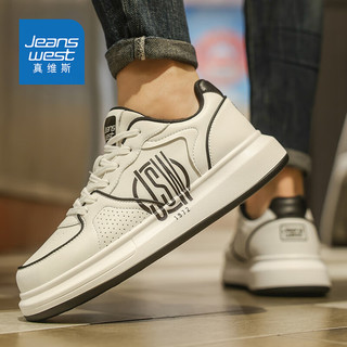 真维斯（Jeanswest）男鞋夏季韩版皮面鞋子男透气时尚休闲板鞋男厚底运动鞋 白黑 39 39码