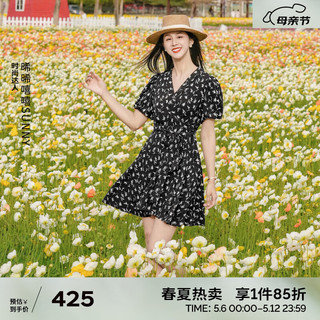 伊芙丽（eifini）伊芙丽V领围裹式收腰显瘦碎花连衣裙女2024夏装气质碎花裙 黑色 短款发 170/92A/XL