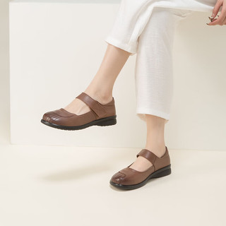 红蜻蜓鞋2024夏季魔术贴牛皮单鞋舒适软底老人鞋 WTB14236棕色38