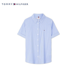 TOMMY HILFIGER 24春夏女装弹力府绸小绣标职场通勤宽松短袖衬衫41622 蓝白条纹03K 38（L）